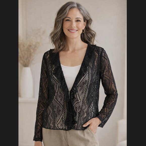 J. Jill Sweaters - Vintage J. Jill Lace Cardigan Large Petite Black Sheer Ruffle Long Sleeve Boho